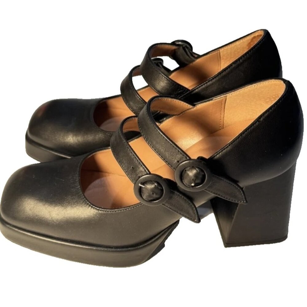 Platform Pumps Black Leather Mary Jane Shoes 3.9 Heels Italy Size 7 Bianca Di